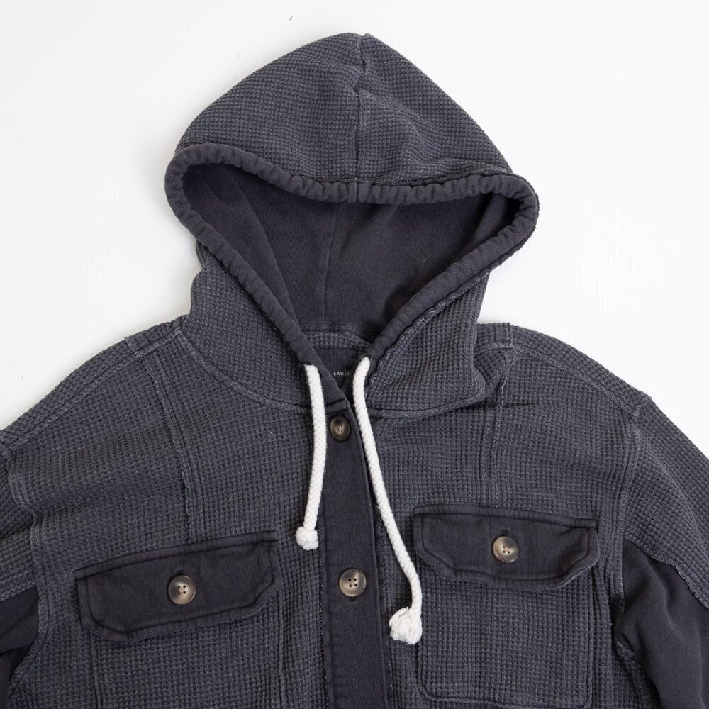 American Eagle Waffle Knit Hooded Jacket Dark Gray Oversized Medium - Picture 4 of 15